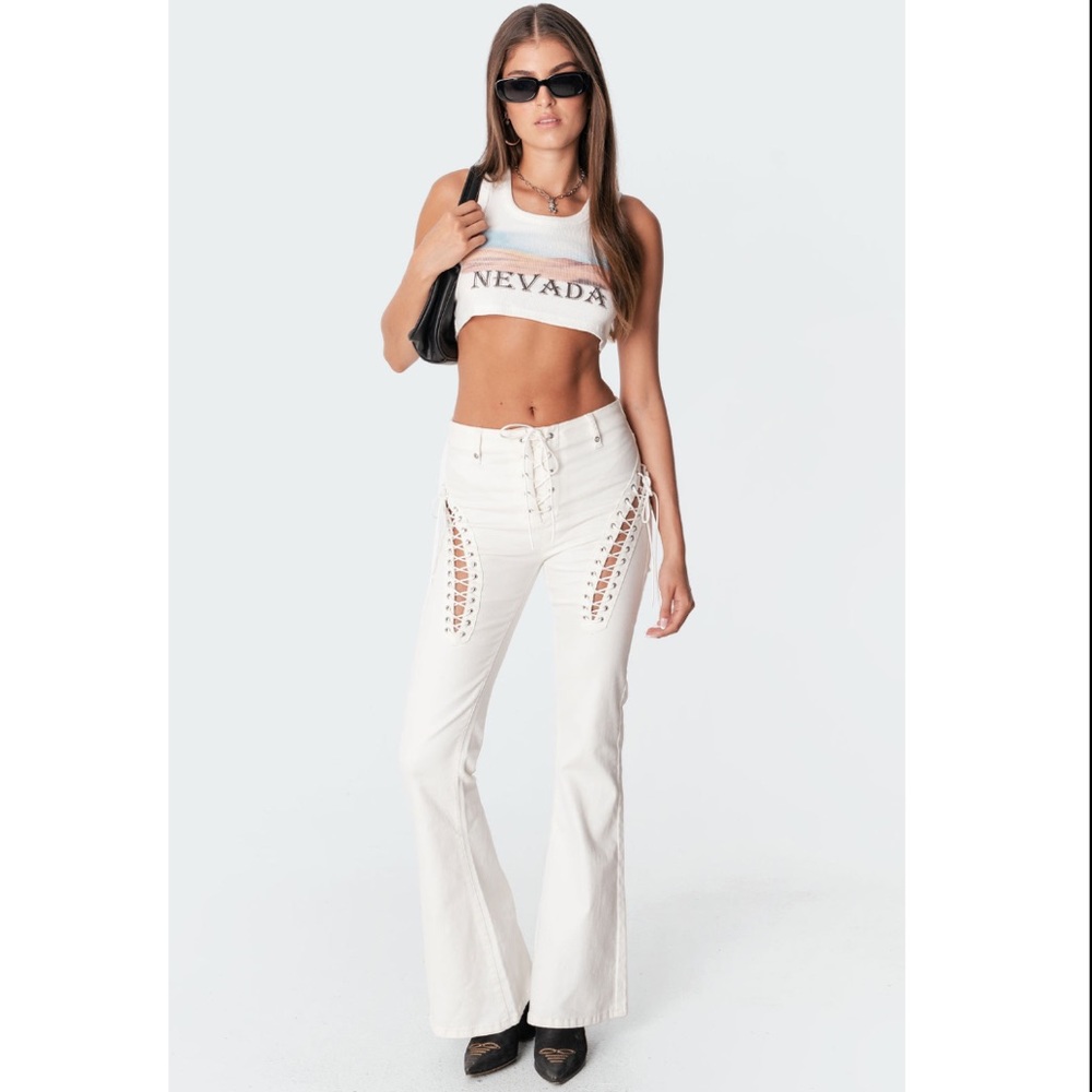 Edikted Lace-Up Engine White Flared Jeans - Size Small